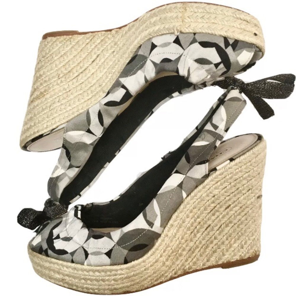 Coach Maritza peeptoe espadrille wedge platform sandal black white rope 7.5